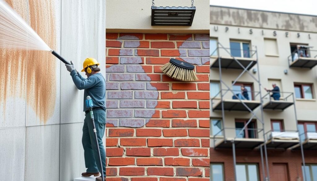 A well-lit, detailed image of various techniques for removing stains and discoloration from building facades. In the foreground, a worker power-washing a textured concrete wall, using a high-pressure water jet to lift dirt and grime. In the middle ground, another worker using a bristle brush and cleaning solution to scrub a brick facade, carefully working in circular motions. In the background, scaffolding surrounds a multi-story building, with workers applying a chemical treatment to the stained stucco exterior. The scene conveys a sense of professional expertise and effective, methodical remediation of unsightly weathering effects on architectural surfaces. A well-lit, detailed image of various techniques for removing stains and discoloration from building facades. In the foreground, a worker power-washing a textured concrete wall, using a high-pressure water jet to lift dirt and grime. In the middle ground, another worker using a bristle brush and cleaning solution to scrub a brick facade, carefully working in circular motions. In the background, scaffolding surrounds a multi-story building, with workers applying a chemical treatment to the stained stucco exterior. The scene conveys a sense of professional expertise and effective, methodical remediation of unsightly weathering effects on architectural surfaces.