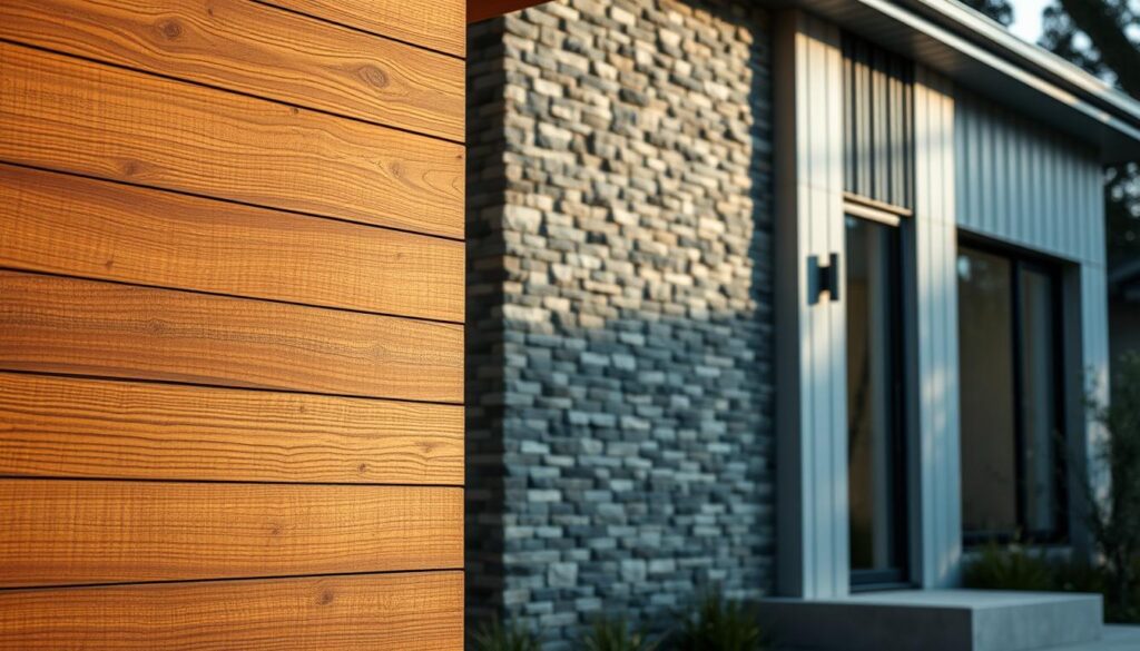 A well-lit exterior of a modern house, showcasing an array of diverse facade materials. In the foreground, a close-up view of textured wood panels, their natural grain and warm tones creating a cozy, earthy ambiance. In the middle ground, sleek, minimalist stone cladding in cool grays and whites, emitting a sophisticated, contemporary vibe. In the background, the facade seamlessly transitions to a blend of fiber cement boards and metal panels, adding depth and visual interest to the overall composition. The lighting is soft and diffused, casting gentle shadows that accentuate the materiality and depth of the various facade elements. The scene exudes a sense of balance, harmony, and high-quality craftsmanship, perfectly capturing the essence of modern, alternative facade materials. A well-lit exterior of a modern house, showcasing an array of diverse facade materials. In the foreground, a close-up view of textured wood panels, their natural grain and warm tones creating a cozy, earthy ambiance. In the middle ground, sleek, minimalist stone cladding in cool grays and whites, emitting a sophisticated, contemporary vibe. In the background, the facade seamlessly transitions to a blend of fiber cement boards and metal panels, adding depth and visual interest to the overall composition. The lighting is soft and diffused, casting gentle shadows that accentuate the materiality and depth of the various facade elements. The scene exudes a sense of balance, harmony, and high-quality craftsmanship, perfectly capturing the essence of modern, alternative facade materials.