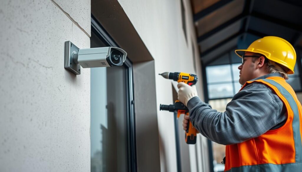 A well-lit exterior wall with a drill, screwdriver, and wall anchor hardware in the foreground. A construction worker, wearing a hardhat and safety vest, carefully mounts a security camera onto the wall, ensuring proper alignment and stability. The middle ground features an assortment of power tools and mounting brackets, while the background showcases the building's architectural details, highlighting the camera's placement within the overall structure. The scene conveys a sense of precision, attention to detail, and a professional approach to camera installation on a building's facade.