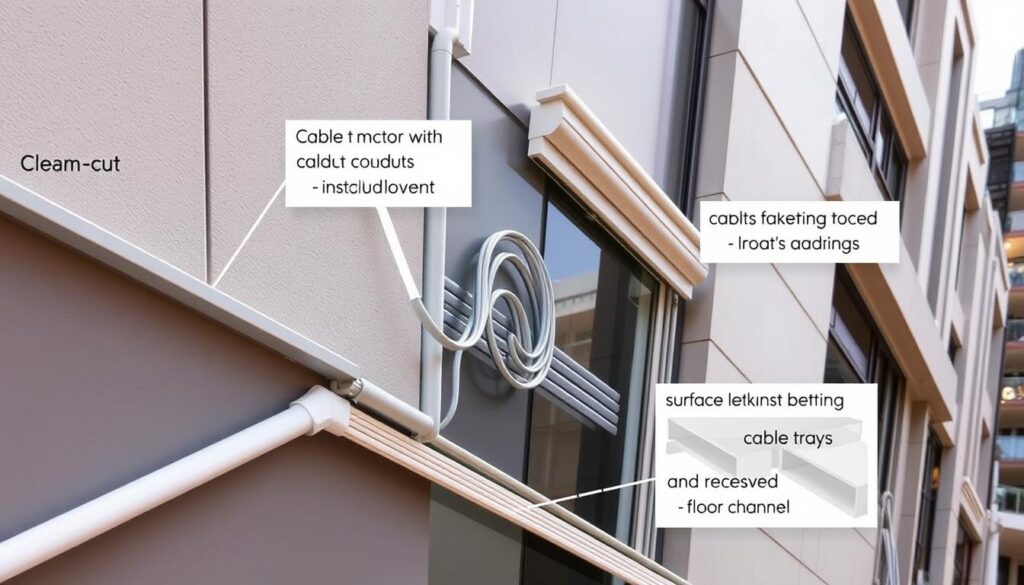 A well-lit, high-angle view of various cable concealment methods on a modern building facade. In the foreground, clean-cut cable raceways and conduits installed along the wall, painted to match the exterior. In the middle ground, cables tucked discreetly behind decorative moldings and trims. The background reveals more complex cable management systems, like surface-mounted cable trays and recessed floor channels. The overall scene conveys a sense of thoughtful, integrated cable organization that enhances the building's aesthetic.