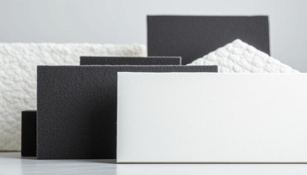 A well-lit, high-resolution image showcasing a variety of styrofoam insulation materials. In the foreground, crisp white styrofoam panels with a smooth, pristine surface texture. In the middle ground, dark graphite-colored styrofoam panels with a distinct, matte finish. The lighting accentuates the contrasting visual properties, allowing viewers to clearly observe the differences in color, density, and surface characteristics between the two types of insulation. The background is a neutral, uncluttered environment, allowing the materials to be the focal point. The overall composition conveys a sense of technical precision and attention to detail, suitable for an informative article on the properties of different styrofoam insulation options.