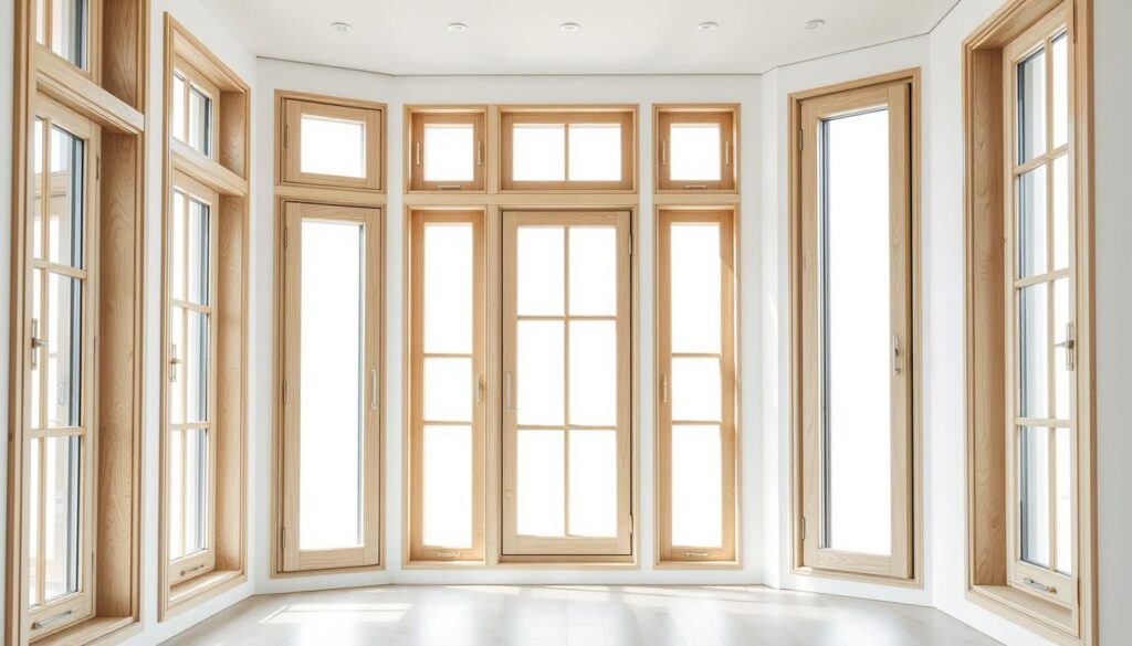A well-lit interior with a variety of wooden window frames in different shades of beige and ivory, showcasing the natural grain and texture of the material. The windows are set against a backdrop of a bright, airy room, with clean lines and minimal furnishings to allow the focus to remain on the windows. The lighting is soft and even, creating a warm and inviting atmosphere. The angle of the shot is slightly elevated, allowing for a comprehensive view of the window options. The overall tone is one of refinement and elegance, highlighting the beauty and versatility of the "kolory okien" (window colors) to complement the neutral tones of the "elewacja dąb bielony" (whitewashed oak facade).