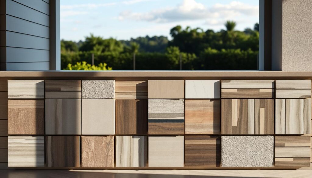 A well-lit, modern exterior wall with carefully curated tile samples laid out in an orderly display. The tiles showcase a variety of textures, colors, and patterns, from sleek and minimalist to rustic and natural. The lighting casts soft shadows, highlighting the nuances of each tile's surface. In the background, a serene landscape with lush greenery and a clear sky sets the stage for this thoughtful selection of exterior cladding options. The overall composition conveys a sense of expertise and guidance, inviting the viewer to envision the possibilities for their own home's facade.