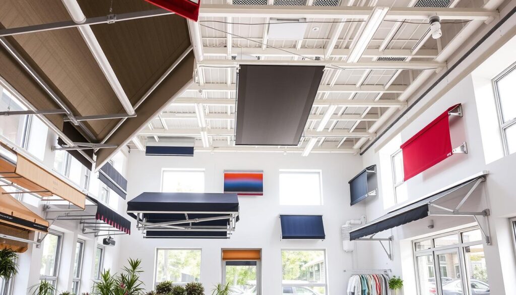 A well-lit showroom featuring a diverse array of modern window awnings. The foreground showcases an assortment of retractable, semi-circular, and box-shaped awnings in a variety of colors and fabrics, highlighting their intricate designs and mechanisms. The middle ground displays larger, motorized awning systems mounted on the walls, demonstrating their varied deployment and control capabilities. The background depicts a clean, minimalist interior with natural lighting, emphasizing the seamless integration of these awnings into contemporary architectural settings. The overall mood conveys a sense of sophistication, functionality, and customization options for discerning homeowners or commercial establishments seeking to enhance their facade.