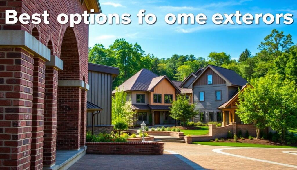 An expansive outdoor scene showcasing the best options for home exteriors. In the foreground, a well-crafted brick facade with intricate textures and patterns, complemented by elegant columns and arched entryways. The middle ground features a variety of siding materials, from sleek, modern metal panels to warm, natural wood planks, each offering unique visual appeal. In the background, a lush, verdant landscape with towering trees and a clear blue sky, creating a serene and inviting atmosphere. The lighting is soft and natural, accentuating the depth and dimension of the scene. The overall composition conveys a sense of timeless elegance and practical durability, perfectly capturing the essence of the "best options for home exteriors".