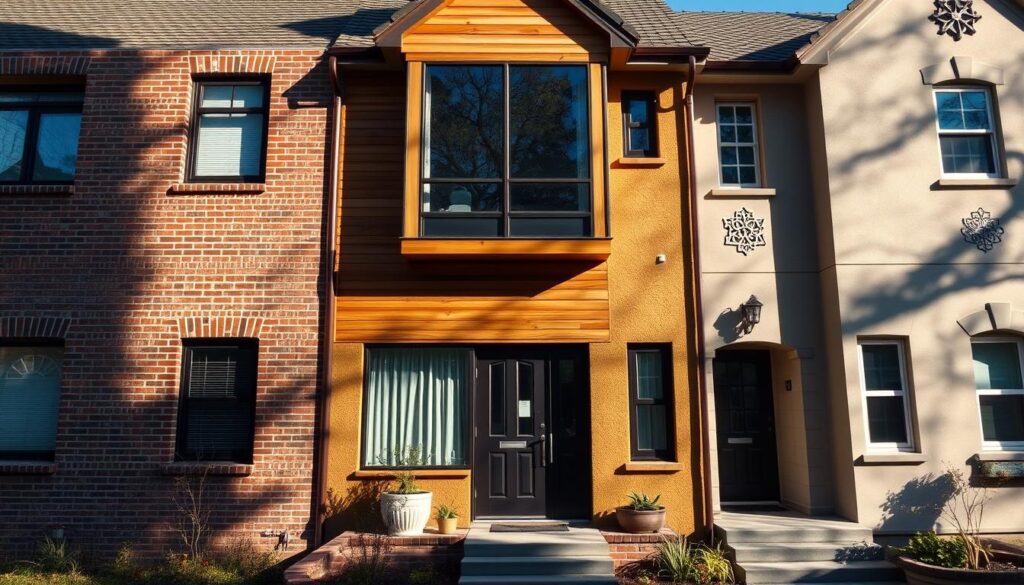 An exterior view of a residential building, showcasing three common facade types: a traditional brick exterior, a modern wood and glass combination, and a stucco finish with decorative elements. Sunlight casts warm shadows, creating depth and dimension. The scene is presented from an eye-level perspective, allowing the viewer to imagine the scale and costs associated with each option. The overall atmosphere is one of architectural interest, inviting the viewer to compare the aesthetic and practical considerations of these typical cladding solutions. An exterior view of a residential building, showcasing three common facade types: a traditional brick exterior, a modern wood and glass combination, and a stucco finish with decorative elements. Sunlight casts warm shadows, creating depth and dimension. The scene is presented from an eye-level perspective, allowing the viewer to imagine the scale and costs associated with each option. The overall atmosphere is one of architectural interest, inviting the viewer to compare the aesthetic and practical considerations of these typical cladding solutions.