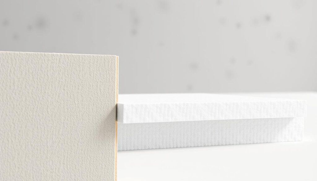 Detailed rendering of a cross-section showcasing the thickness of stucco applied over expanded polystyrene (EPS) insulation. The stucco appears in the foreground, with a crisp, defined texture and subtle variations in color and shading, conveying its materiality. The EPS insulation board is visible beneath, rendered with precise layering and a consistent, uniform appearance. The background fades into a softly blurred, neutral tone, allowing the subject to be the focal point. Realistic lighting from an angle captures the dimensional quality of the stucco and insulation, with highlights and shadows highlighting their depth and texture. The overall composition is clean, well-balanced, and focused on clearly illustrating the specific thickness of the stucco layer applied over the EPS insulation.