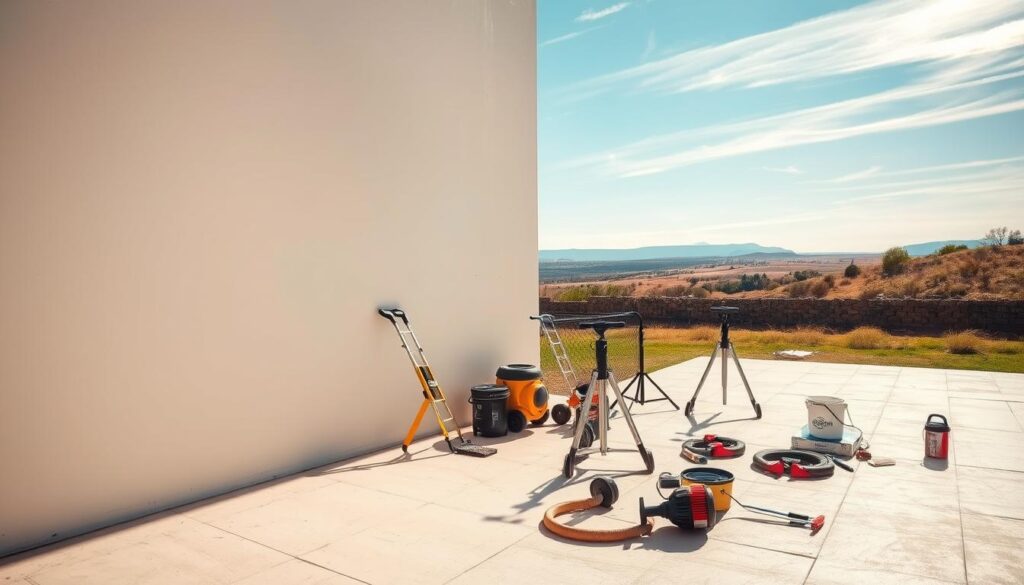 Exterior wall painting conditions: a picturesque scene of an ideal outdoor setting for a professional painting project. In the foreground, a well-maintained, clean wall surface awaits a fresh coat of paint, bathed in warm, even sunlight. The middle ground features an array of high-quality painting tools and equipment, arranged neatly and ready for use. In the background, a tranquil landscape unfolds, with a clear blue sky, gentle breezes, and a comfortable ambient temperature - the perfect conditions for a successful and efficient exterior wall painting job. The overall atmosphere evokes a sense of professionalism, attention to detail, and a commitment to achieving a flawless, long-lasting finish. Exterior wall painting conditions: a picturesque scene of an ideal outdoor setting for a professional painting project. In the foreground, a well-maintained, clean wall surface awaits a fresh coat of paint, bathed in warm, even sunlight. The middle ground features an array of high-quality painting tools and equipment, arranged neatly and ready for use. In the background, a tranquil landscape unfolds, with a clear blue sky, gentle breezes, and a comfortable ambient temperature - the perfect conditions for a successful and efficient exterior wall painting job. The overall atmosphere evokes a sense of professionalism, attention to detail, and a commitment to achieving a flawless, long-lasting finish.