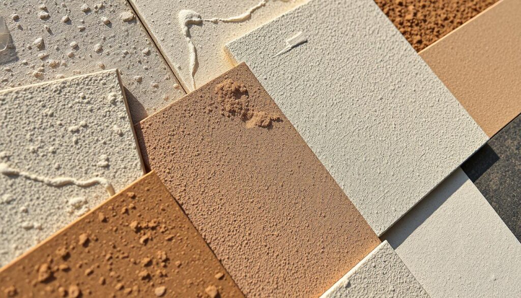 Outdoor architectural wall texture, showing detailed close-up of various exterior render and plaster samples. Warm, natural lighting simulating afternoon sunlight. Evenly exposed, crisp focus throughout. Arrangement of textured swatches demonstrating different finish types, colors, and surface patterns suitable for facade applications. Muted, earthy palette with subtle variations. Emphasis on tactile quality and weathering effects. Angled, diagonal composition to create dynamic visual interest. High-resolution, photo-realistic rendering.