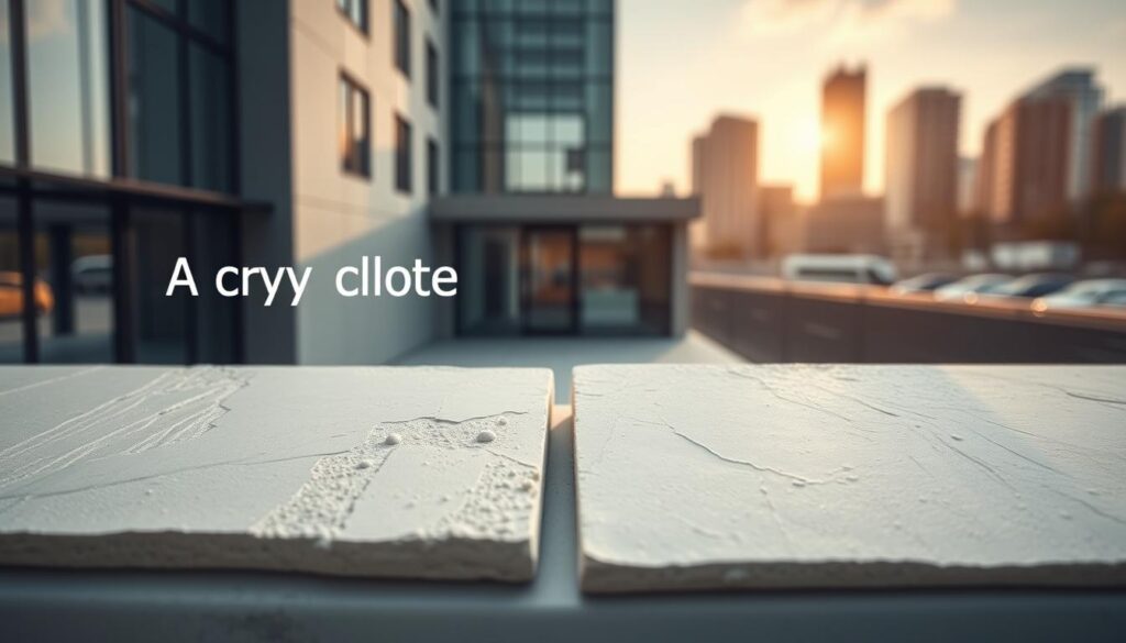Panoramic comparison of acrylic and silicone plasters, showcased in a sleek architectural setting. The foreground displays textured samples of the two plaster types, highlighting their unique finishes and subtle tonal variations. The middle ground features a modern building facade, its surfaces accentuated by the contrasting plasters. The background depicts a softly blurred urban landscape, creating a sense of depth and context. Warm, directional lighting casts gentle shadows, emphasizing the materials' depth and tactility. The overall composition conveys a refined, minimalist aesthetic, inviting the viewer to closely examine and compare the distinct properties of acrylic and silicone plasters.