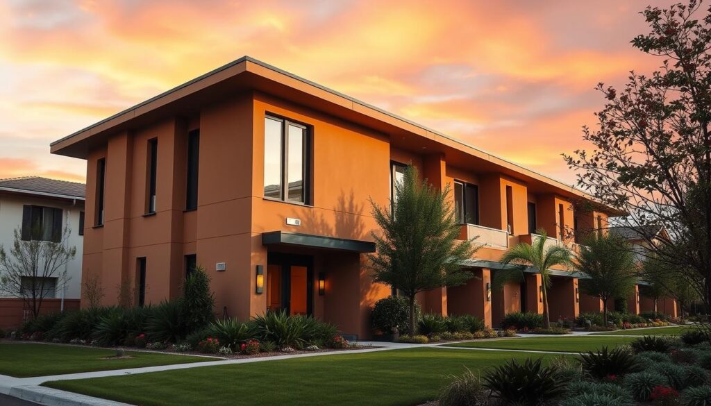 Prompt A modern, sleek residential building with a warm, earthy color palette. The facade features clean lines, large windows, and a prominent roof overhang that casts dramatic shadows. The foreground showcases a carefully curated landscaping design with lush greenery and natural textures. The middle ground depicts a harmonious blend of contemporary and traditional architectural elements. The background sets the scene with a vibrant, yet soothing sky, creating an overall atmosphere of sophistication and timeless elegance.