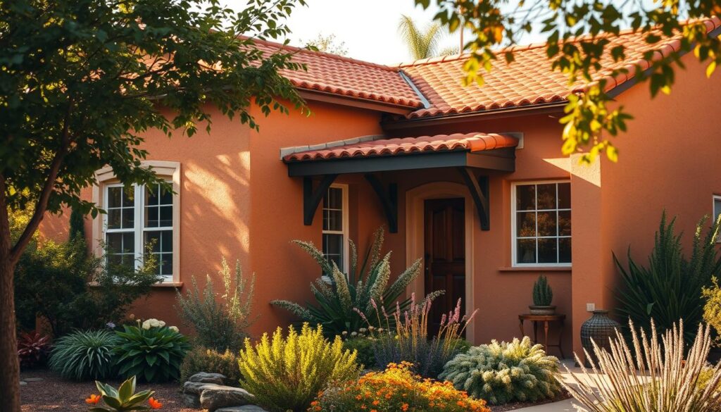 Warm, inviting exterior wall colors that harmonize beautifully with a red tile roof. A cozy, traditional house nestled in a lush garden, bathed in soft, golden afternoon light. Textured stucco walls in earthy ochres, terracotta, and burnished sienna tones. Complementary accents of warm browns, rich creams, and muted terracotta hues. Subtle shadowing and highlights create depth and dimension. A serene, timeless scene that radiates warmth and comfort, perfectly suited to highlight the classic pairing of a red roof and complementary siding.