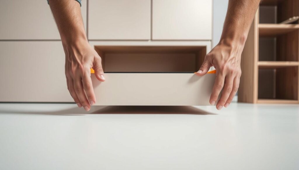 A carefully staged scene of a person preparing to remove a self-closing drawer. The foreground shows hands reaching towards the drawer, with fingers grasping the edges. The middle ground reveals the open drawer, its contents neatly organized. The background depicts a simple, uncluttered workspace with clean, neutral tones, allowing the focus to remain on the task at hand. Soft, indirect lighting creates a calm, focused atmosphere, emphasizing the delicate process of drawer removal. The overall composition conveys a sense of order and attention to detail, reflecting the instructional nature of the article section. A carefully staged scene of a person preparing to remove a self-closing drawer. The foreground shows hands reaching towards the drawer, with fingers grasping the edges. The middle ground reveals the open drawer, its contents neatly organized. The background depicts a simple, uncluttered workspace with clean, neutral tones, allowing the focus to remain on the task at hand. Soft, indirect lighting creates a calm, focused atmosphere, emphasizing the delicate process of drawer removal. The overall composition conveys a sense of order and attention to detail, reflecting the instructional nature of the article section.