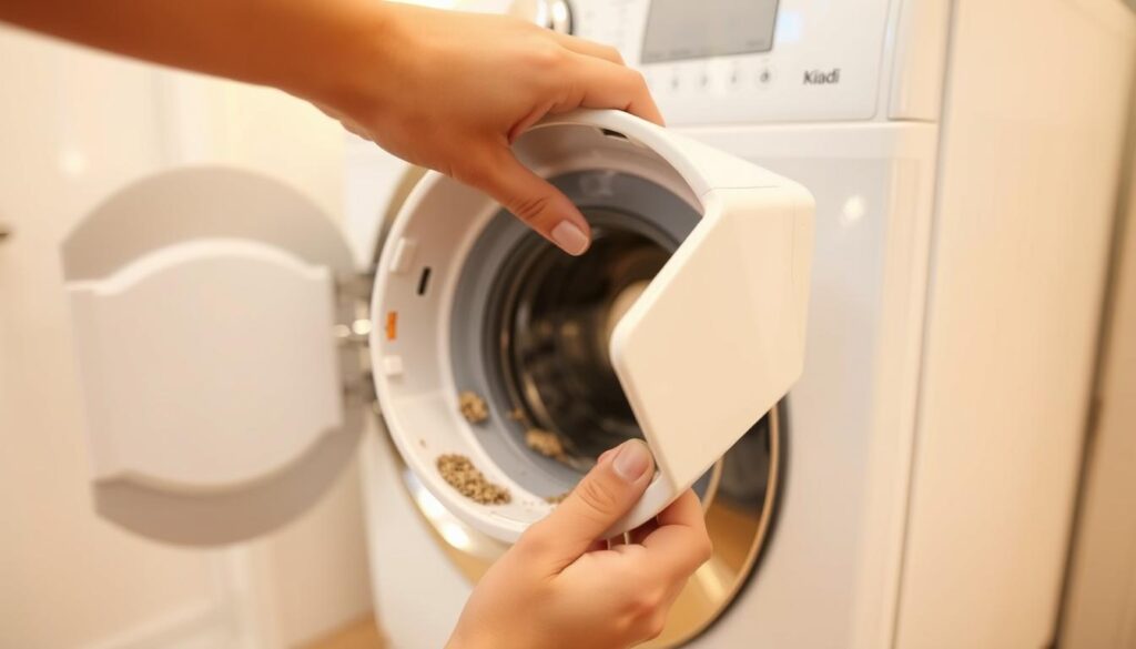 A clean, well-lit laundry room with a washing machine in the background. In the foreground, a person's hands carefully removing the detergent drawer from the machine, exposing the interior. Dust and debris are visible, indicating the need for cleaning. The drawer is held at an angle, allowing a clear view of the interior mechanism. Soft, warm lighting casts a gentle glow, creating a sense of care and attention to the task at hand. The overall scene conveys a step-by-step process of properly maintaining and cleaning the washing machine's detergent drawer.