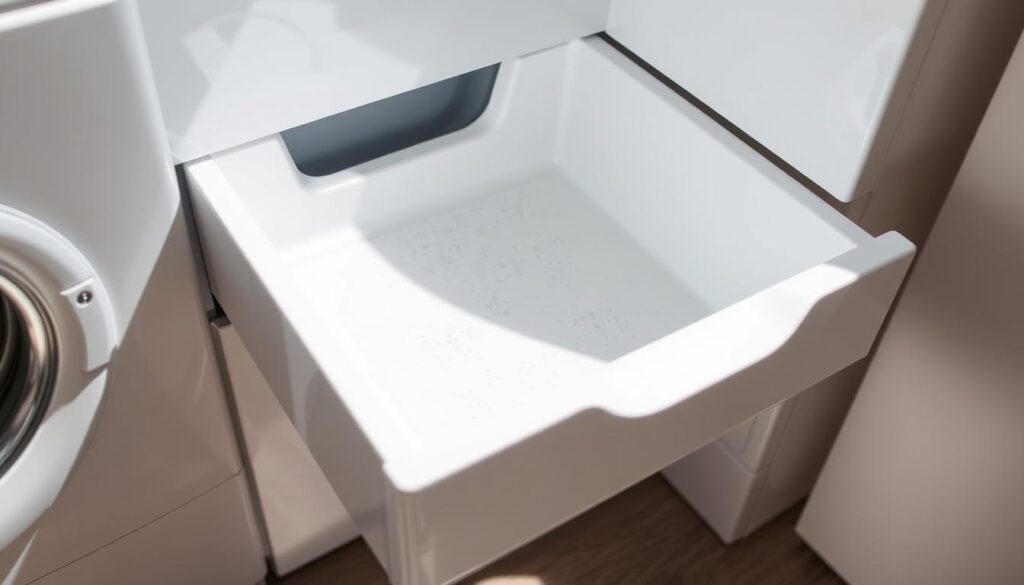 A clean, well-organized washing machine drawer with a closeup view, showcasing the removal of built-up mineral deposits. The drawer is gently pulled out, revealing a crisp, white interior. Bright, natural lighting illuminates the scene, casting soft shadows and highlighting the textural details of the drawer's surface. The camera angle is slightly elevated, providing a clear, unobstructed view of the cleaning process. The overall mood is one of focused attention and attention to detail, conveying the importance of properly maintaining this essential household appliance. A clean, well-organized washing machine drawer with a closeup view, showcasing the removal of built-up mineral deposits. The drawer is gently pulled out, revealing a crisp, white interior. Bright, natural lighting illuminates the scene, casting soft shadows and highlighting the textural details of the drawer's surface. The camera angle is slightly elevated, providing a clear, unobstructed view of the cleaning process. The overall mood is one of focused attention and attention to detail, conveying the importance of properly maintaining this essential household appliance.