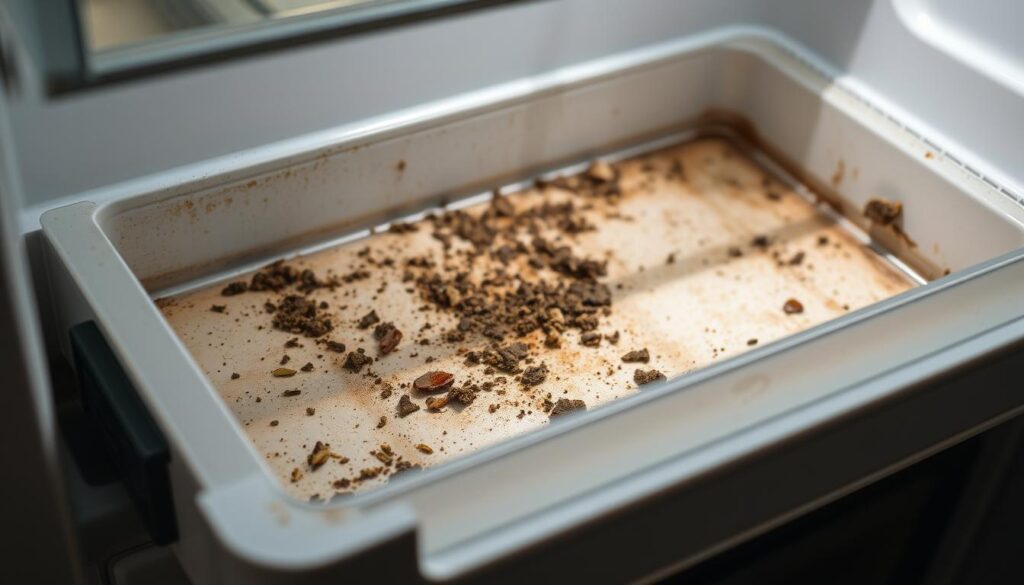 A close-up, highly detailed photograph of the interior of a refrigerator drawer, showcasing the accumulation of dirt, debris, and food residue. The drawer is partially open, revealing the uneven surface and discoloration of the plastic material. The lighting is bright and even, casting a clinical, documentary-style illumination on the scene. The angle is slightly elevated, providing a clear view of the drawer's contents and the patterns of grime and staining. The overall mood is one of practical observation, highlighting the practical challenges of maintaining a clean and well-organized refrigerator. A close-up, highly detailed photograph of the interior of a refrigerator drawer, showcasing the accumulation of dirt, debris, and food residue. The drawer is partially open, revealing the uneven surface and discoloration of the plastic material. The lighting is bright and even, casting a clinical, documentary-style illumination on the scene. The angle is slightly elevated, providing a clear view of the drawer's contents and the patterns of grime and staining. The overall mood is one of practical observation, highlighting the practical challenges of maintaining a clean and well-organized refrigerator.