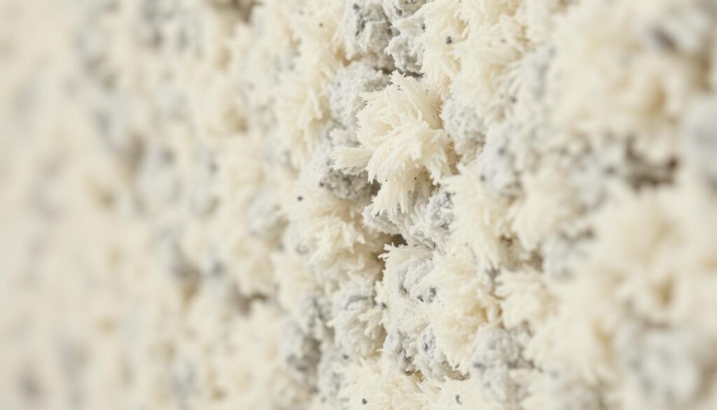 A close-up shot of mineral wool insulation material, with a focus on its distinctive fibrous texture and layered structure. The fibers are rendered in shades of gray and off-white, capturing the natural color and light-reflecting properties of the material. The image showcases the material's high-density, sound-absorbing, and fire-resistant qualities, conveying its suitability for use in building construction and home insulation. The lighting is soft and diffused, creating a sense of depth and highlighting the intricate details of the mineral wool. The background is slightly blurred, keeping the attention on the main subject and its technical characteristics.