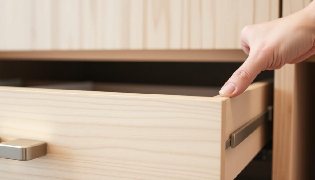 A close-up view of a drawer being carefully pulled out from a cabinet, showcasing the smooth, quiet "click" mechanism of the soft-close design. The drawer is made of light-colored wood, with clean lines and a minimalist aesthetic. The cabinet's interior is slightly visible, hinting at its organized, tidy contents. Soft, directional lighting accentuates the textural details of the wood and metal hardware. The overall scene conveys a sense of effortless, streamlined functionality, perfectly suited for a modern, well-designed living space. A close-up view of a drawer being carefully pulled out from a cabinet, showcasing the smooth, quiet "click" mechanism of the soft-close design. The drawer is made of light-colored wood, with clean lines and a minimalist aesthetic. The cabinet's interior is slightly visible, hinting at its organized, tidy contents. Soft, directional lighting accentuates the textural details of the wood and metal hardware. The overall scene conveys a sense of effortless, streamlined functionality, perfectly suited for a modern, well-designed living space.