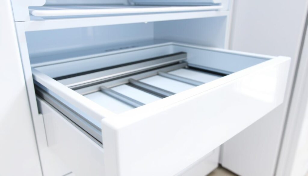 A close-up view of a freezer drawer with its front panel detached, revealing the internal mechanism. The drawer is partially open, exposing the rails and slides that allow smooth movement. The lighting is bright and uniform, highlighting the textural details of the plastic and metal components. The angle is slightly angled to provide a clear view of the drawer's structure, without any obstructions or distractions in the background. The overall mood is one of technical clarity, guiding the viewer through the process of removing the drawer front.
