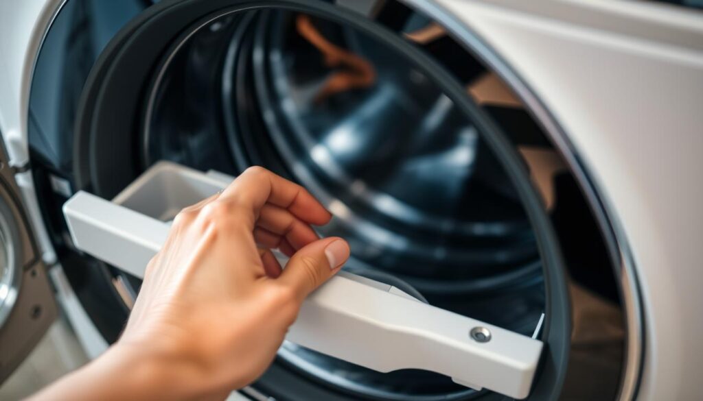 A close-up view of a person's hands gently pulling open the detergent drawer of a modern front-loading washing machine. The drawer slides out smoothly, revealing the lint filter and hidden compartments. Soft, diffused lighting from above highlights the textures of the machine's metal and plastic components. The composition is focused and uncluttered, emphasizing the simplicity and ease of this common household task. The overall mood is one of calm efficiency, with a sense of care and attention to detail. A close-up view of a person's hands gently pulling open the detergent drawer of a modern front-loading washing machine. The drawer slides out smoothly, revealing the lint filter and hidden compartments. Soft, diffused lighting from above highlights the textures of the machine's metal and plastic components. The composition is focused and uncluttered, emphasizing the simplicity and ease of this common household task. The overall mood is one of calm efficiency, with a sense of care and attention to detail.