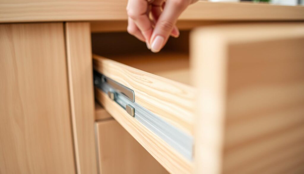 A close-up view of a self-closing drawer being gently pulled open, revealing its internal mechanics. The drawer is made of light-colored wood, with a sleek, modern design. The foreground is in sharp focus, highlighting the drawer's runners and the mechanisms that allow it to self-close. The background is blurred, creating a sense of depth and emphasizing the subject. Soft, natural lighting casts a warm glow on the scene, creating a calming and informative atmosphere. A close-up view of a self-closing drawer being gently pulled open, revealing its internal mechanics. The drawer is made of light-colored wood, with a sleek, modern design. The foreground is in sharp focus, highlighting the drawer's runners and the mechanisms that allow it to self-close. The background is blurred, creating a sense of depth and emphasizing the subject. Soft, natural lighting casts a warm glow on the scene, creating a calming and informative atmosphere.