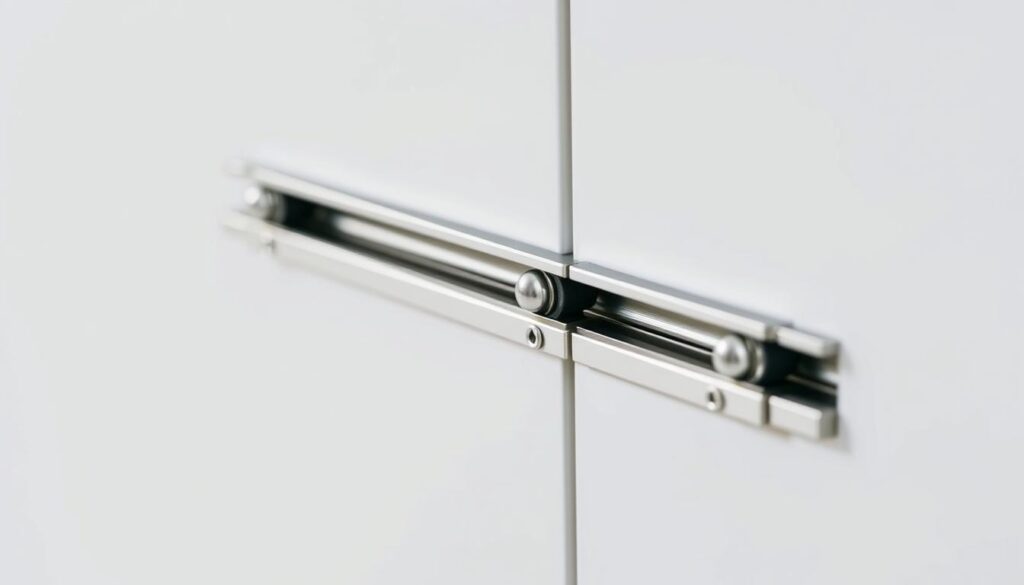 A close-up view of a set of metallic ball-bearing drawer slides, also known as "prowadnice kulkowe". The slides are showcased against a plain, minimalist background, allowing the intricate details and mechanics of the hardware to take center stage. The lighting is clean and directional, creating subtle shadows that accentuate the linear design and smooth surfaces of the components. The camera angle is slightly elevated, providing a clear and unobstructed perspective of the drawer slides, inviting the viewer to appreciate the engineering and functionality behind this essential piece of furniture hardware. A close-up view of a set of metallic ball-bearing drawer slides, also known as "prowadnice kulkowe". The slides are showcased against a plain, minimalist background, allowing the intricate details and mechanics of the hardware to take center stage. The lighting is clean and directional, creating subtle shadows that accentuate the linear design and smooth surfaces of the components. The camera angle is slightly elevated, providing a clear and unobstructed perspective of the drawer slides, inviting the viewer to appreciate the engineering and functionality behind this essential piece of furniture hardware.