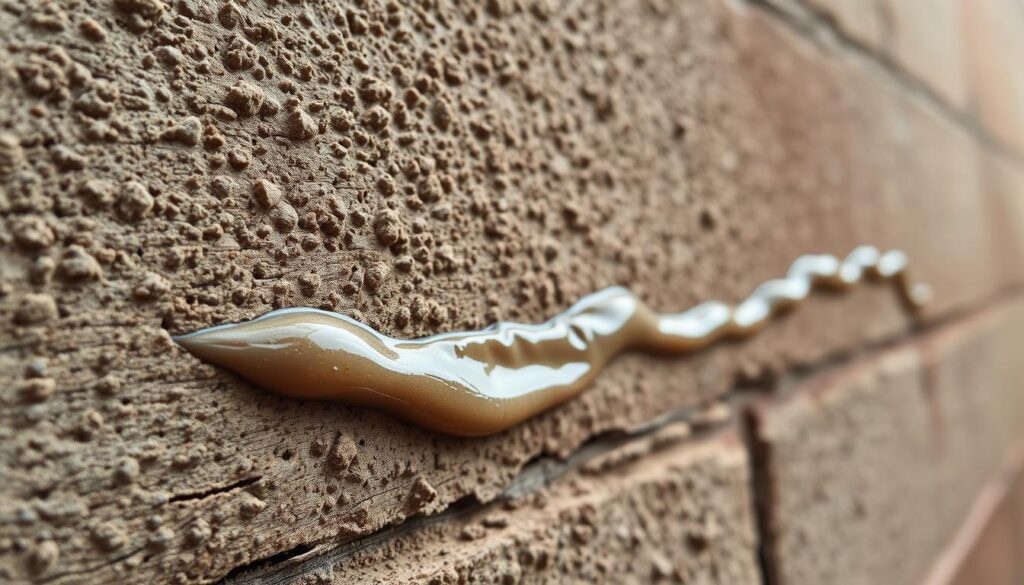 A close-up view of a textured concrete or brick wall, with a slimy trail of snail mucus clearly visible across the surface. The mucus appears shiny and viscous, creating a striking contrast against the rough, mottled background. The lighting is soft and diffused, creating subtle shadows and highlights that accentuate the texture of the wall. The camera angle is slightly elevated, capturing the details of the wall and the snail trail in a way that emphasizes the challenge of removing this stubborn stain. The overall mood is one of a practical, problem-solving task, with a focus on the practical aspects of cleaning and restoring the surface.