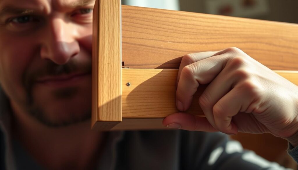 A close-up view of a wooden drawer stuck in its runner, with a person's hand gently tugging on the drawer front, trying to coax it out. The drawer is partially open, revealing the inner workings of the runner mechanism. The lighting is soft and natural, casting warm shadows and highlights on the wood grain. The background is blurred, focusing the viewer's attention on the task at hand. The expression on the person's face is one of slight frustration, but also determination to solve the problem. The overall mood is one of a practical, hands-on approach to a common household issue. A close-up view of a wooden drawer stuck in its runner, with a person's hand gently tugging on the drawer front, trying to coax it out. The drawer is partially open, revealing the inner workings of the runner mechanism. The lighting is soft and natural, casting warm shadows and highlights on the wood grain. The background is blurred, focusing the viewer's attention on the task at hand. The expression on the person's face is one of slight frustration, but also determination to solve the problem. The overall mood is one of a practical, hands-on approach to a common household issue.