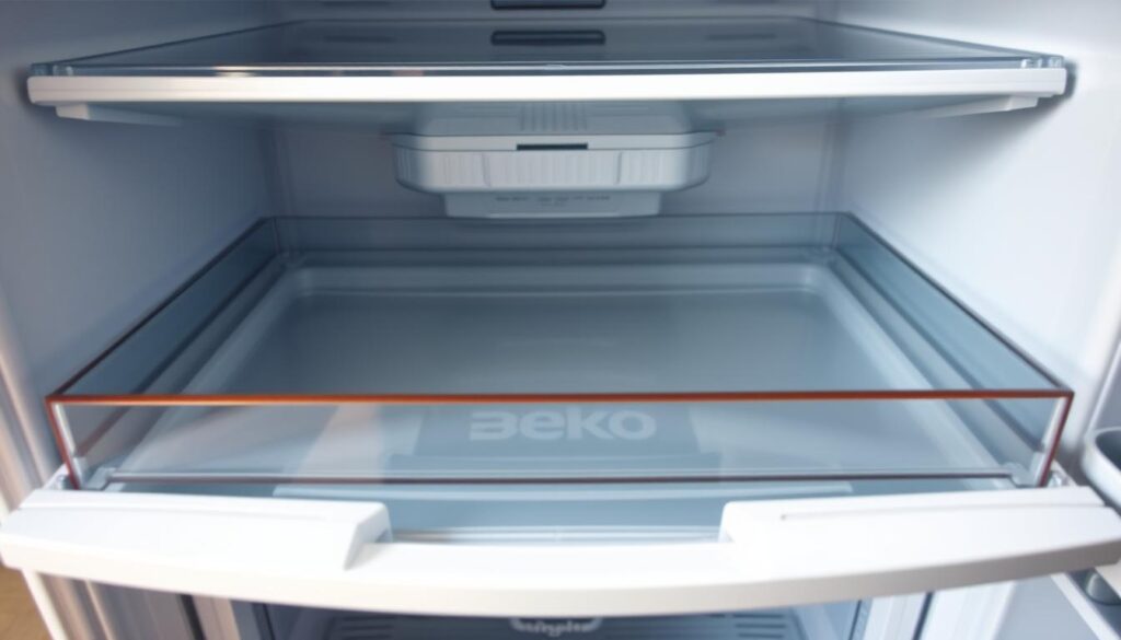 A close-up view of the interior of a Beko refrigerator, with the refrigerator drawer fully extended and removed. The drawer is made of transparent glass or plastic, revealing the intricate mechanics and components inside. The lighting is soft and diffused, casting subtle shadows that highlight the textures and details of the drawer's structure. The camera angle is slightly elevated, providing a clear and unobstructed view of the drawer's disassembly process. The overall mood is one of technical precision and attention to detail, inviting the viewer to closely examine the inner workings of the appliance.