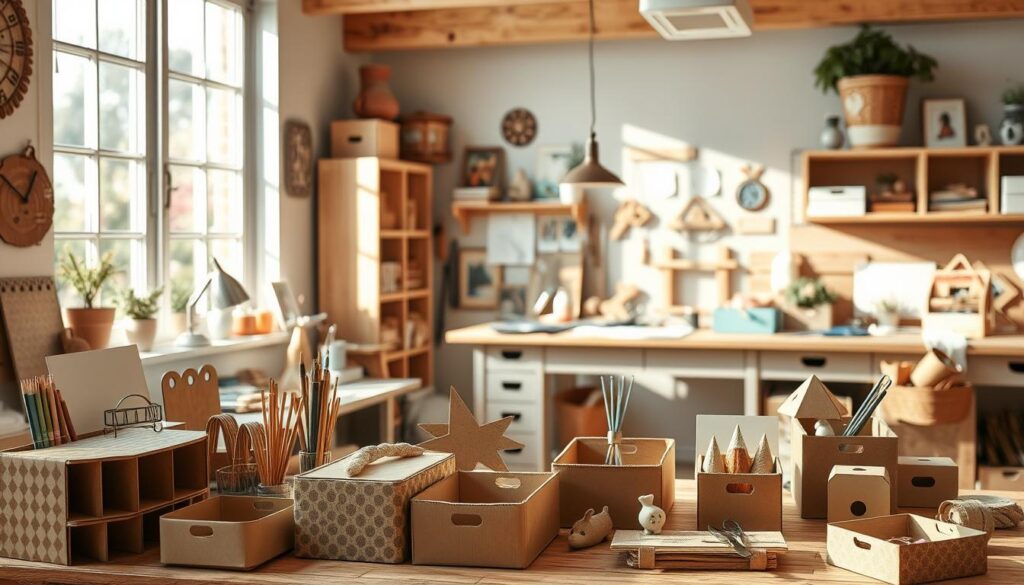 A cozy DIY workshop with an array of cardboard projects in the foreground, including a tidy desk organizer, stylish storage boxes, and whimsical decorative pieces. The middle ground features a well-lit workbench strewn with various craft tools and materials, while the background showcases a cheerful, sun-dappled room with natural wood accents. The scene conveys a sense of creativity, functionality, and a touch of rustic charm, perfectly capturing the essence of the "Projekty DIY z kartonu dla każdego" section.