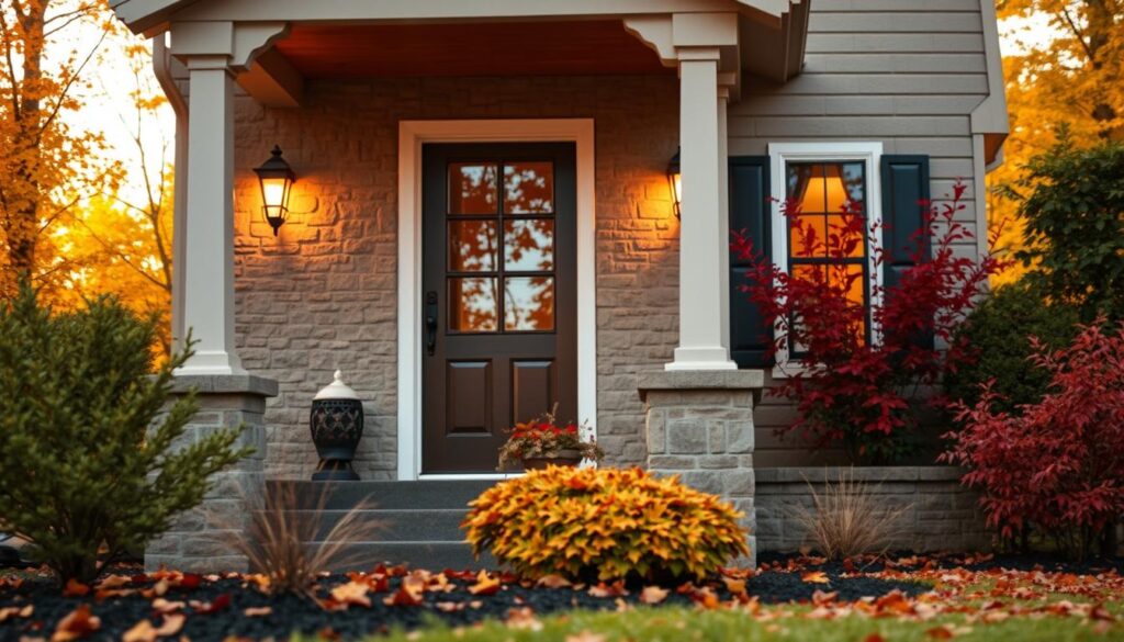 A cozy and welcoming exterior of a house in autumn, with a well-grounded facade that showcases the benefits of pre-winter coating. The warm lighting casts a soft glow, highlighting the textured surface and the vibrant colors of the foliage in the background. The scene conveys a sense of protection and preparation, reflecting the importance of properly treating the home's exterior before the harsh winter arrives.