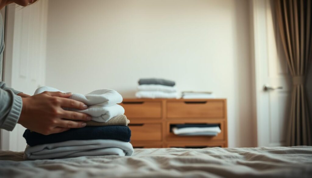 A cozy bedroom scene, the foreground shows a pair of hands neatly folding a stack of freshly laundered clothes. Soft, diffused natural light filters through a nearby window, casting a warm glow over the organized garments. In the middle ground, a modern wooden dresser with clean lines stands as the focal point, its drawers slightly ajar, revealing the careful arrangement of folded shirts, sweaters, and trousers inside. The background gently fades into a minimalist, clutter-free environment, emphasizing the tranquility and efficiency of the clothes-organizing process. The overall mood is one of calm, order, and a sense of domestic contentment.