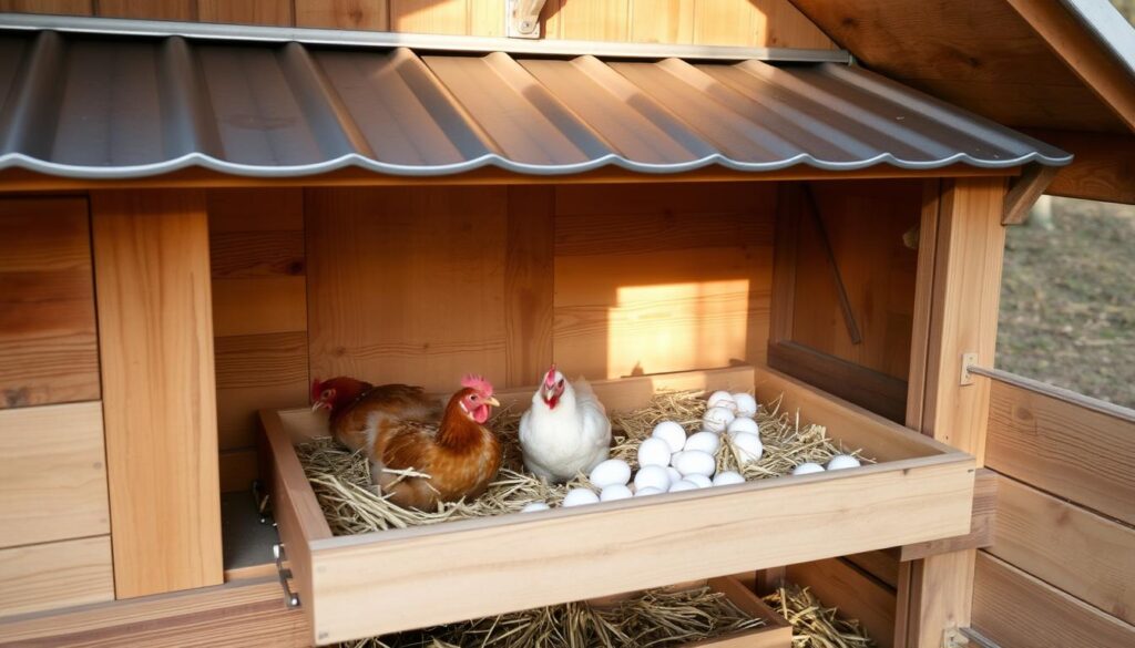 A cozy, well-ventilated chicken coop with a raised nesting area, featuring a sliding drawer for easy egg collection. The structure is constructed from weathered wood planks, complemented by a slanted metal roof that casts warm, natural lighting over the scene. The nesting boxes are generously sized, lined with soft straw, inviting the hens to comfortably lay their eggs. The overall design promotes a stress-free environment, allowing the chickens to thrive and produce high-quality eggs for the homestead. The scene evokes a sense of rustic charm and practical functionality, capturing the essence of providing a nurturing, productive space for a small flock of backyard chickens. A cozy, well-ventilated chicken coop with a raised nesting area, featuring a sliding drawer for easy egg collection. The structure is constructed from weathered wood planks, complemented by a slanted metal roof that casts warm, natural lighting over the scene. The nesting boxes are generously sized, lined with soft straw, inviting the hens to comfortably lay their eggs. The overall design promotes a stress-free environment, allowing the chickens to thrive and produce high-quality eggs for the homestead. The scene evokes a sense of rustic charm and practical functionality, capturing the essence of providing a nurturing, productive space for a small flock of backyard chickens.