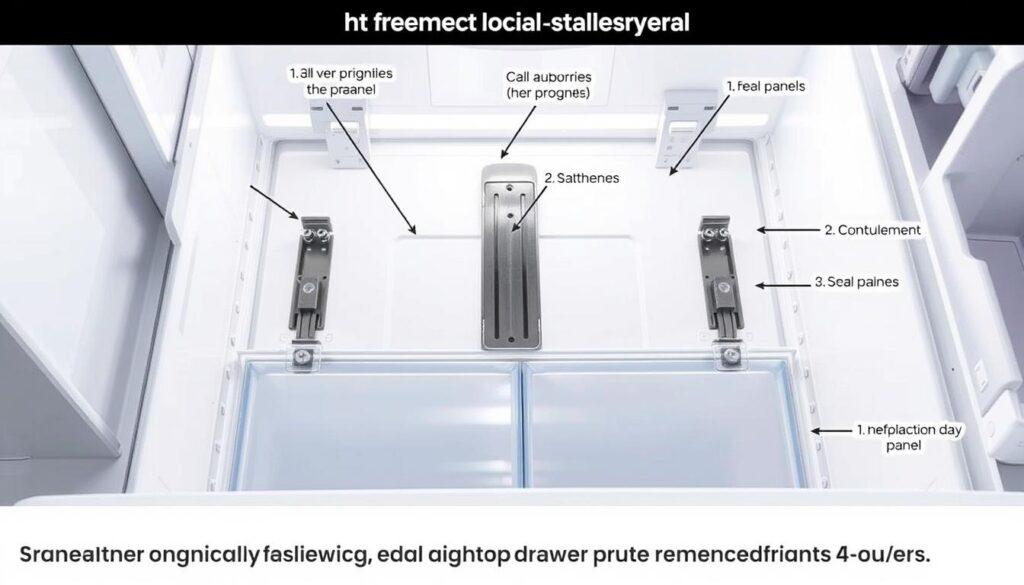 A detailed and technical diagram of the disassembly process for the front panel of a Samsung refrigerator drawer. The image shows a high-angle view of the drawer front, with clear and labeled components including the panel, hinges, and fasteners. The lighting is bright and evenly distributed, creating a clean, technical aesthetic. The perspective is slightly angled to provide a clear view of the assembly, without distracting elements in the background. The overall mood is one of precision and instructional clarity, suitable for illustrating a step-by-step guide on removing the refrigerator drawer front. A detailed and technical diagram of the disassembly process for the front panel of a Samsung refrigerator drawer. The image shows a high-angle view of the drawer front, with clear and labeled components including the panel, hinges, and fasteners. The lighting is bright and evenly distributed, creating a clean, technical aesthetic. The perspective is slightly angled to provide a clear view of the assembly, without distracting elements in the background. The overall mood is one of precision and instructional clarity, suitable for illustrating a step-by-step guide on removing the refrigerator drawer front.