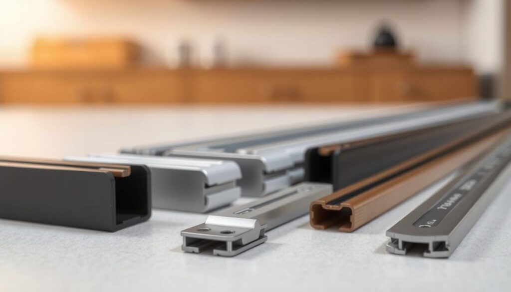 A detailed close-up photograph of various types of roller guides used in drawer slides, with a focus on the materials and construction. The guides are shown in the foreground, laid out on a clean, neutral-colored surface, illuminated by soft, even lighting to showcase their textures and finishes. The middle ground features a blurred, out-of-focus backdrop, creating a sense of depth and emphasizing the guides. The image conveys a sense of precision, quality, and the technical nature of the materials, suitable for an informative article on installing roller guides. A detailed close-up photograph of various types of roller guides used in drawer slides, with a focus on the materials and construction. The guides are shown in the foreground, laid out on a clean, neutral-colored surface, illuminated by soft, even lighting to showcase their textures and finishes. The middle ground features a blurred, out-of-focus backdrop, creating a sense of depth and emphasizing the guides. The image conveys a sense of precision, quality, and the technical nature of the materials, suitable for an informative article on installing roller guides.