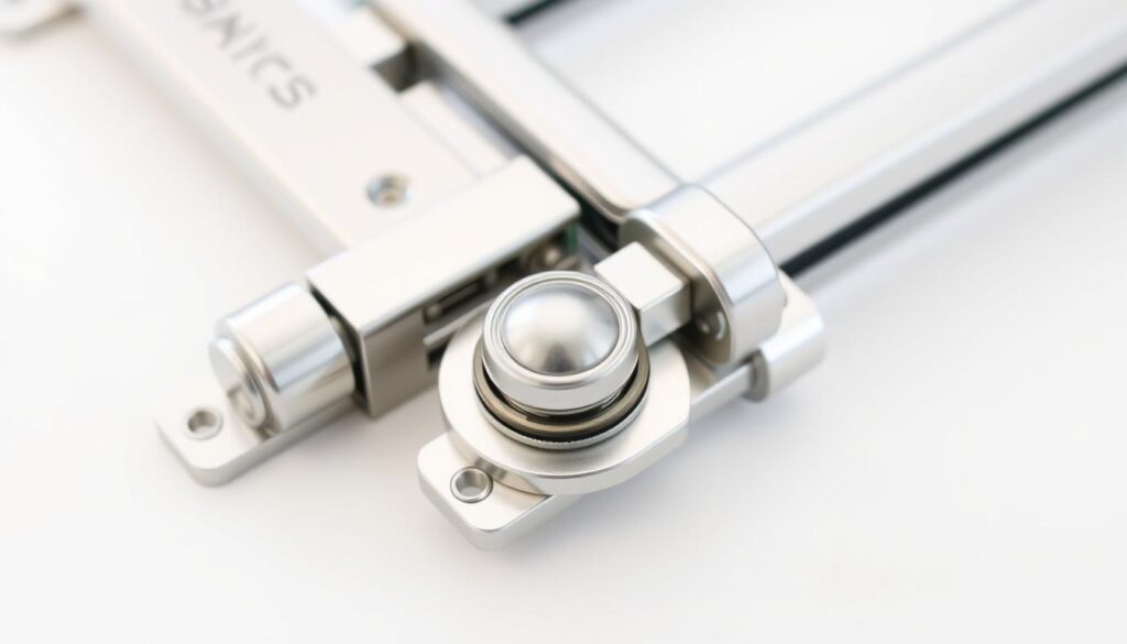 A detailed close-up view of a set of ball-bearing drawer slides, showcasing their intricate mechanism. The slides are mounted on a white background, with soft, diffused lighting illuminating the metallic surfaces and smooth curves. The focus is on the delicate rolling mechanisms and precise engineering, conveying a sense of elegant functionality. The image captures the technical sophistication and craftsmanship involved in the installation of these high-quality drawer slides, suitable for illustrating a step-by-step guide on mounting them in furniture drawers. A detailed close-up view of a set of ball-bearing drawer slides, showcasing their intricate mechanism. The slides are mounted on a white background, with soft, diffused lighting illuminating the metallic surfaces and smooth curves. The focus is on the delicate rolling mechanisms and precise engineering, conveying a sense of elegant functionality. The image captures the technical sophistication and craftsmanship involved in the installation of these high-quality drawer slides, suitable for illustrating a step-by-step guide on mounting them in furniture drawers.