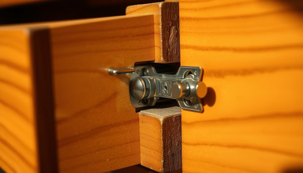 A detailed close-up view of a wooden drawer with its side panel removed, revealing the inner sliding mechanism. The drawer glides are made of metal, with intricate mechanisms and joints visible. The lighting is warm and directional, casting subtle shadows that highlight the textural details. The overall scene conveys a sense of technical complexity and the need for careful, hands-on repair work. The composition places the drawer's inner workings in the center, allowing the viewer to clearly understand the subject matter.