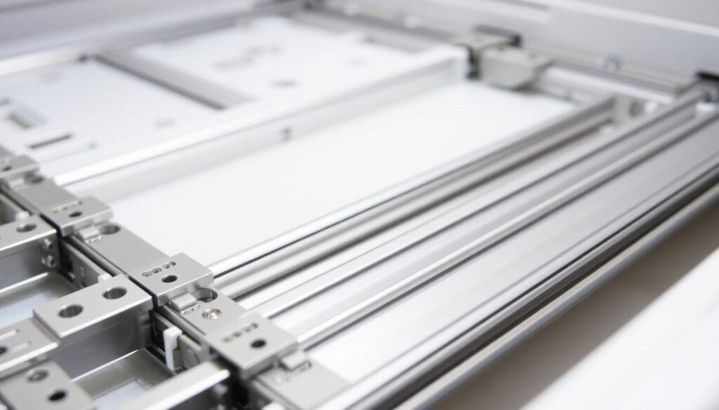 A detailed close-up view of the dismantling process of a drawer slide mechanism. The foreground showcases the individual components such as the metal rails, plastic rollers, and locking mechanisms being carefully separated. The middle ground provides a clear view of the drawer being pulled out, exposing the internal structure. The background is slightly blurred, maintaining focus on the intricate details of the disassembly. The lighting is soft and even, highlighting the metallic surfaces and textures. The overall mood is one of precision and focus, as if documenting a delicate technical procedure. A detailed close-up view of the dismantling process of a drawer slide mechanism. The foreground showcases the individual components such as the metal rails, plastic rollers, and locking mechanisms being carefully separated. The middle ground provides a clear view of the drawer being pulled out, exposing the internal structure. The background is slightly blurred, maintaining focus on the intricate details of the disassembly. The lighting is soft and even, highlighting the metallic surfaces and textures. The overall mood is one of precision and focus, as if documenting a delicate technical procedure.