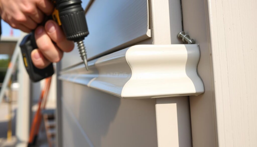 A detailed close-up view of the process of installing corner profiles for exterior wall cladding. The foreground depicts the careful placement and attachment of a metal or plastic corner trim piece onto the edge of a wall, using a power drill and screws. The middle ground shows the precision required to align the corner trim flush with the wall surface, maintaining a smooth, seamless transition. The background subtly suggests the broader context of an ongoing construction or renovation project, with hints of scaffolding, tools, or other building materials visible in the peripheral areas. The lighting is natural, with soft shadows cast by the corner trim, conveying a sense of care and attention to detail in the installation process. The overall mood is one of focused professionalism, emphasizing the importance of proper corner trim installation for the aesthetic and protective integrity of the exterior cladding.