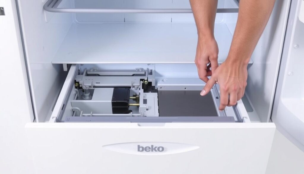 A detailed, step-by-step disassembly of a Beko refrigerator drawer. A pair of hands carefully removing the drawer, highlighting the intricate mechanism and components. Bright, clean lighting illuminates the process, providing clear visibility. The image has a technical, instructional feel, emphasizing the practical aspects of the task. The drawer is the main focus, placed in the center of the frame, with a plain, neutral background that doesn't distract from the subject. The perspective is angled to showcase the drawer's structure and the steps involved in its removal.