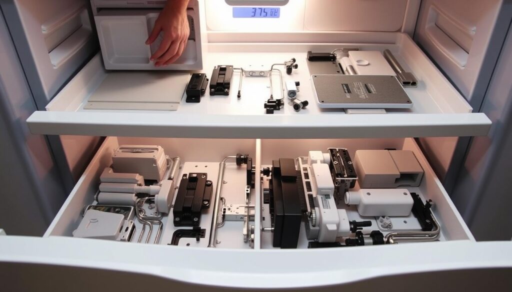 A detailed step-by-step guide to disassembling an Indesit refrigerator drawer. Crisp, high-resolution image showcasing the process. Bright, clean lighting illuminates the intricate drawer components, allowing for clear visibility. Precise camera angles and close-up shots highlight the removal of each part, from the front panel to the internal mechanisms. The viewer gains a comprehensive understanding of the entire disassembly procedure, with a professional, instructional tone conveyed through the visual representation.