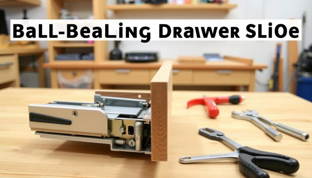 A detailed step-by-step instruction manual for disassembling a ball-bearing drawer slide. The foreground shows a partially dismantled drawer, revealing the internal components and mechanisms. The middle ground features a set of tools laid out, including a screwdriver, pliers, and a wrench. The background depicts a clean, well-lit workshop setting with a wooden workbench and shelving. The lighting is bright and even, highlighting the intricate details of the drawer components. The composition emphasizes the technical nature of the task, guiding the viewer through the disassembly process in a clear, organized manner. A detailed step-by-step instruction manual for disassembling a ball-bearing drawer slide. The foreground shows a partially dismantled drawer, revealing the internal components and mechanisms. The middle ground features a set of tools laid out, including a screwdriver, pliers, and a wrench. The background depicts a clean, well-lit workshop setting with a wooden workbench and shelving. The lighting is bright and even, highlighting the intricate details of the drawer components. The composition emphasizes the technical nature of the task, guiding the viewer through the disassembly process in a clear, organized manner.