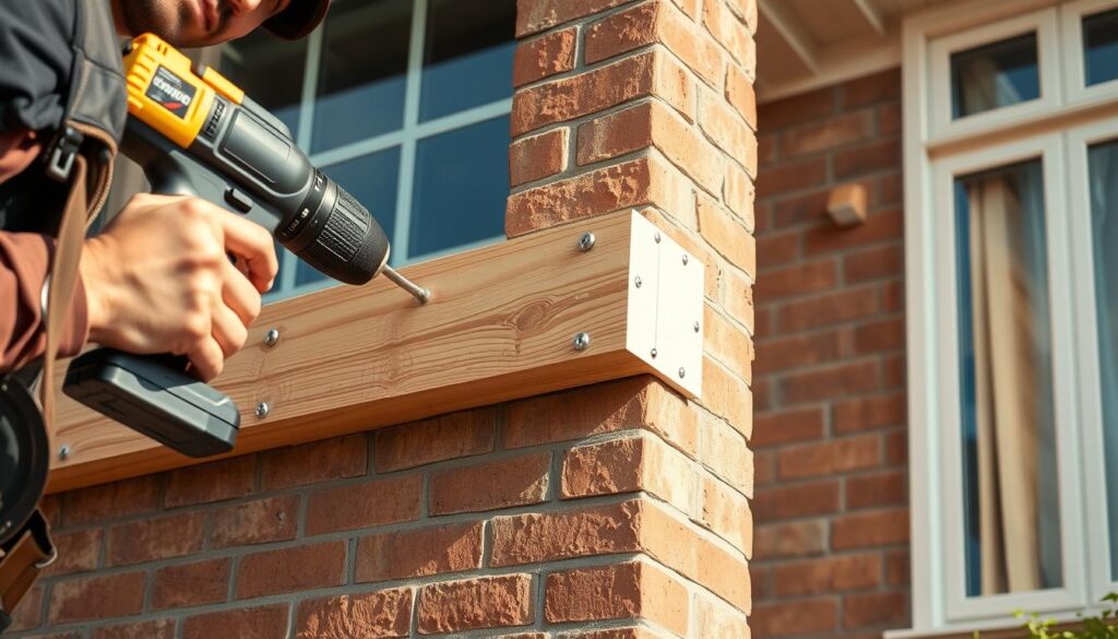 A detailed step-by-step process of mounting a wooden beam onto a building's exterior facade. The foreground shows a worker using a power drill to securely attach the beam to the wall, with screws, wall plugs, and tools visible. The middle ground depicts the beam in place, seamlessly integrated into the textured brick or stone exterior. The background showcases the building's architectural features, such as windows, trim, and the overall facade design. Warm, natural lighting illuminates the scene, creating a sense of practicality and professionalism. The composition emphasizes the methodical, hands-on nature of the installation process. A detailed step-by-step process of mounting a wooden beam onto a building's exterior facade. The foreground shows a worker using a power drill to securely attach the beam to the wall, with screws, wall plugs, and tools visible. The middle ground depicts the beam in place, seamlessly integrated into the textured brick or stone exterior. The background showcases the building's architectural features, such as windows, trim, and the overall facade design. Warm, natural lighting illuminates the scene, creating a sense of practicality and professionalism. The composition emphasizes the methodical, hands-on nature of the installation process.
