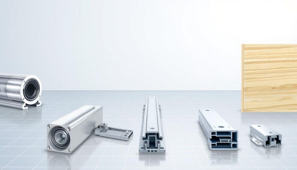 A detailed, technical illustration depicting various types of drawer slides or cabinet drawer guides. The foreground shows several different models of slides, including ball-bearing, epoxy-coated, and soft-close varieties, with their key features and mechanisms clearly visible. The middle ground showcases the slides in a practical, installed configuration, demonstrating how they would appear in a real-world setting. The background provides a clean, minimalist environment, with subtle grid lines or guidelines to emphasize the technical nature of the subject. The lighting is crisp and evenly distributed, with a slightly cool color temperature to convey a sense of precision and professionalism. The overall mood is one of functionality and engineering excellence, suitable for an instructional article on drawer hardware. A detailed, technical illustration depicting various types of drawer slides or cabinet drawer guides. The foreground shows several different models of slides, including ball-bearing, epoxy-coated, and soft-close varieties, with their key features and mechanisms clearly visible. The middle ground showcases the slides in a practical, installed configuration, demonstrating how they would appear in a real-world setting. The background provides a clean, minimalist environment, with subtle grid lines or guidelines to emphasize the technical nature of the subject. The lighting is crisp and evenly distributed, with a slightly cool color temperature to convey a sense of precision and professionalism. The overall mood is one of functionality and engineering excellence, suitable for an instructional article on drawer hardware.