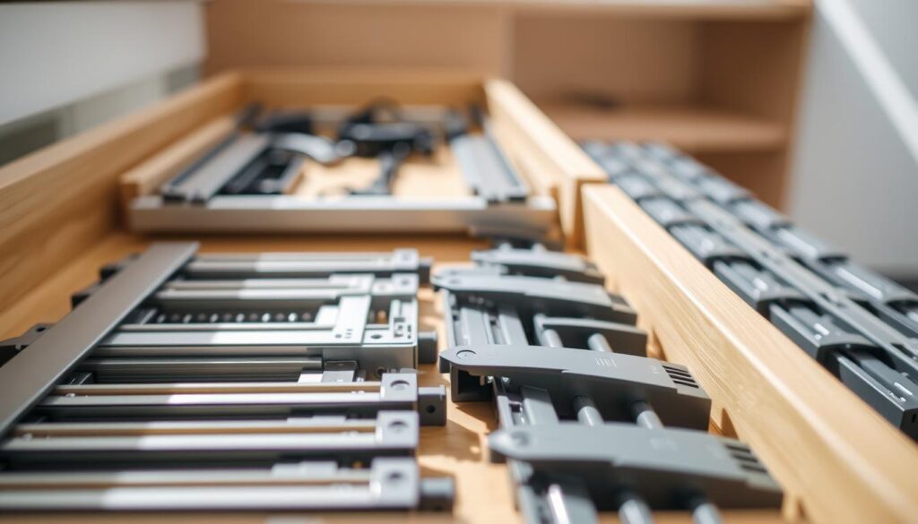 A detailed, well-lit close-up shot of a Blum drawer disassembly process. The foreground showcases the drawer's inner components, including the metal runner rails, plastic slides, and tension springs, all arranged in an organized manner. The middle ground features the disassembled drawer front, captured from an angle that highlights the intricate Blum hardware. The background is softly blurred, creating a sense of depth and focus on the technical details. The lighting is bright and natural, casting subtle shadows that accentuate the textures and contours of the components. The overall tone is informative and technical, conveying the step-by-step nature of the drawer disassembly.