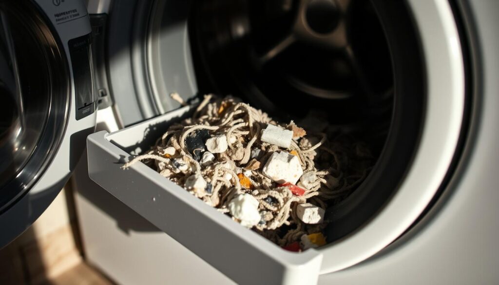 A front-loading washing machine with the detergent drawer pulled out, revealing a tangled mess of lint, debris, and stuck-on detergent residue. The drawer is jammed, refusing to slide back in smoothly. The scene is lit from the side, casting dramatic shadows that highlight the problematic buildup. The camera angle is slightly low, giving a sense of the drawer's awkward, stuck-out position. The overall mood is one of frustration and the need for a thorough cleaning to restore the machine's proper functioning.