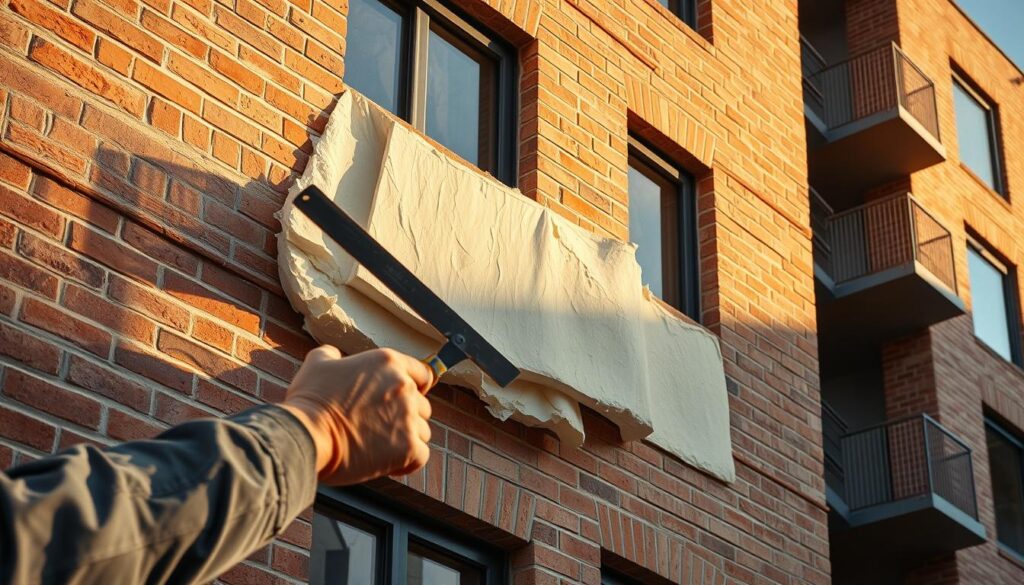 A high-resolution, detailed image of a construction worker removing hardened, off-white mounting foam from the exterior of a modern, multi-story brick building. The worker is using a putty knife to carefully scrape and peel away the foam, revealing the underlying brickwork. The scene is well-lit, with warm, directional sunlight illuminating the worker's actions. The composition focuses on the worker's hands and the foam removal process, with the building's façade providing context in the background. The overall mood is one of precision and focus, conveying the technical nature of the task at hand.