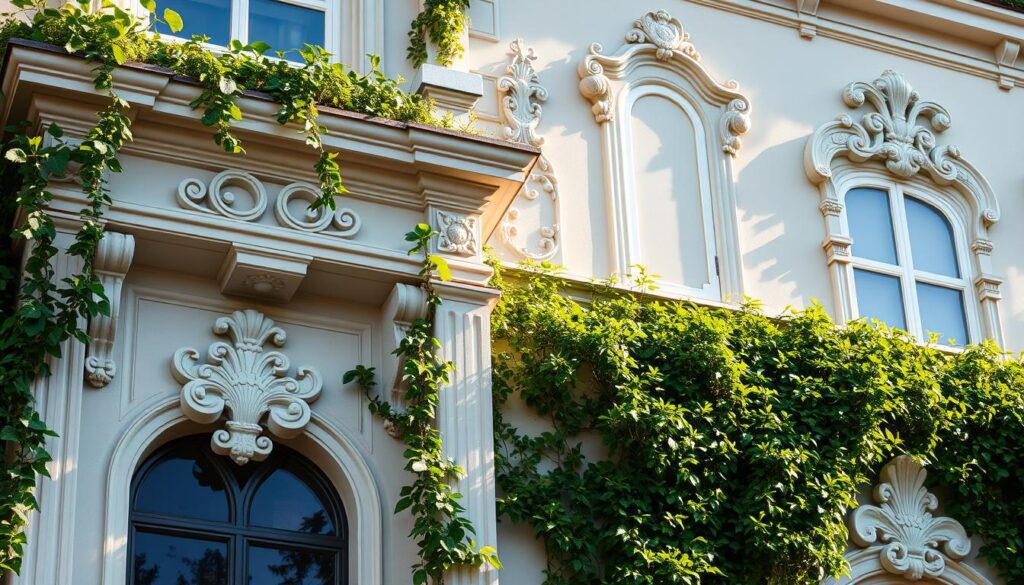 A lush, verdant exterior adorned with intricate ornamental details. Graceful moldings and decorative panels in a classic architectural style adorn the facade, casting dynamic shadows under the warm afternoon sunlight. Delicate carvings and elegant scrollwork add depth and texture, complementing the smooth plaster surfaces. The sztukateria features a harmonious blend of naturalistic and geometric patterns, creating a visually captivating display. The overall composition evokes a sense of timeless elegance and refined craftsmanship, perfectly suited to accentuate the beauty of a green roof design.