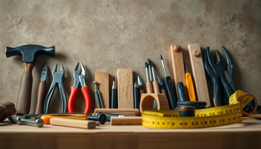 A meticulously organized array of woodworking tools, including a hammer, pliers, screwdrivers, and a tape measure, neatly arranged on a workbench against a muted, natural backdrop. The lighting is soft and diffused, creating a sense of focus and clarity. The tools are shown in a close-up, high-resolution shot, allowing the viewer to appreciate the intricate details and textures of each item. The overall composition conveys a sense of professionalism and attention to detail, perfectly suited to illustrate the "Przygotowanie mebla do montażu" section of the article.