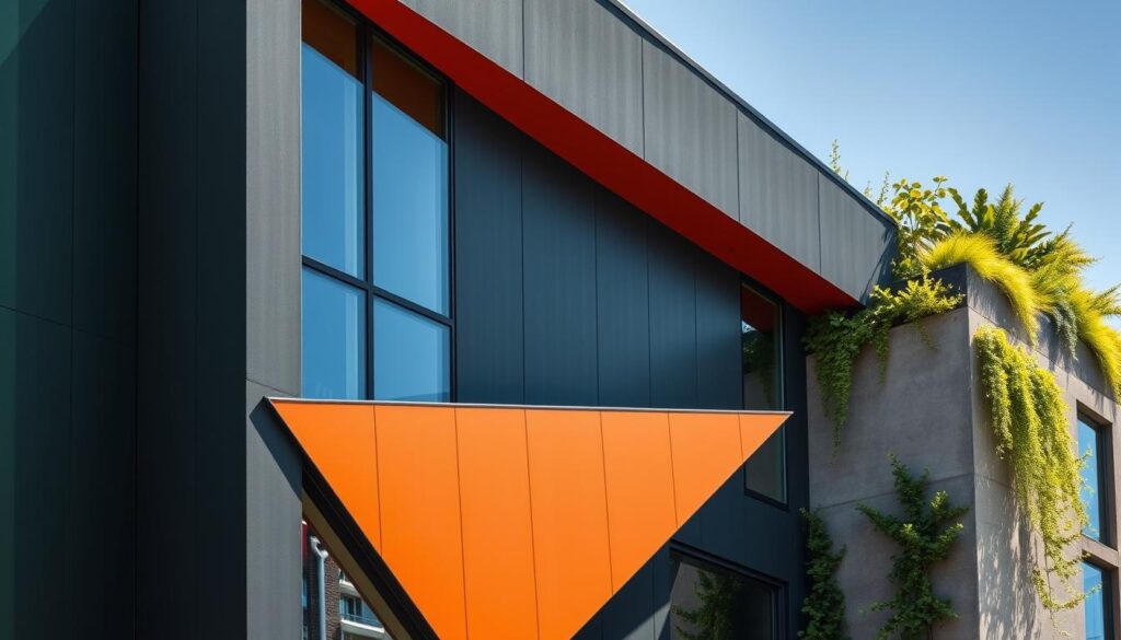 A modern architectural facade featuring bold, contrasting colors and materials. In the foreground, sleek panels of deep forest green and slate gray juxtapose with angular windows of clear glass. The middle ground showcases a striking triangular overhang in a vivid ochre hue, casting dramatic shadows across the building's surface. In the background, a lush, verdant rooftop garden spills over the edges, blurring the boundary between structure and nature. Crisp, directional lighting from above accentuates the sharp lines and textural interplay, evoking a sense of bold, contemporary design.